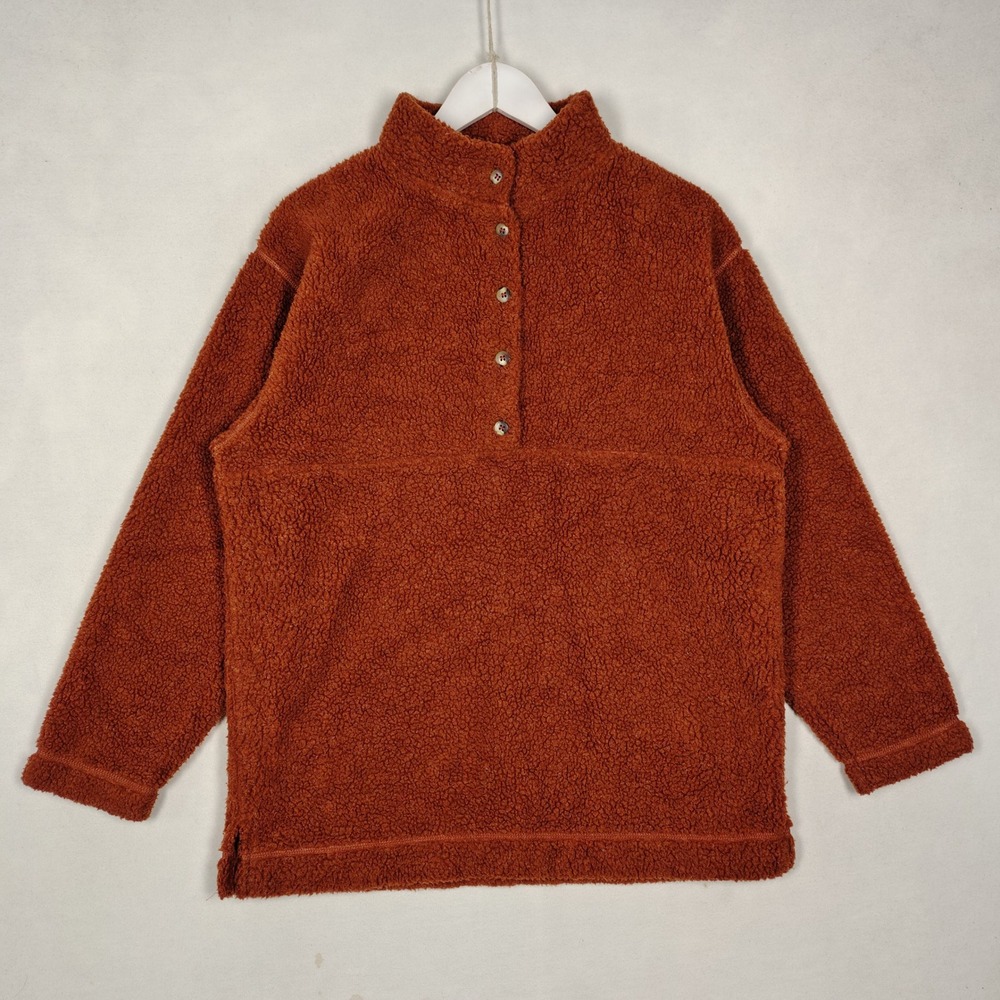 LL Bean Womens Rust Orange Sherpa Fleece Pullover Mock Neck Made in USA Medium